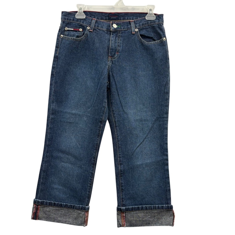 Tommy Hilfiger Dark Wash Cuffed Jeans Straight Leg Denim Y2K Vintage Style